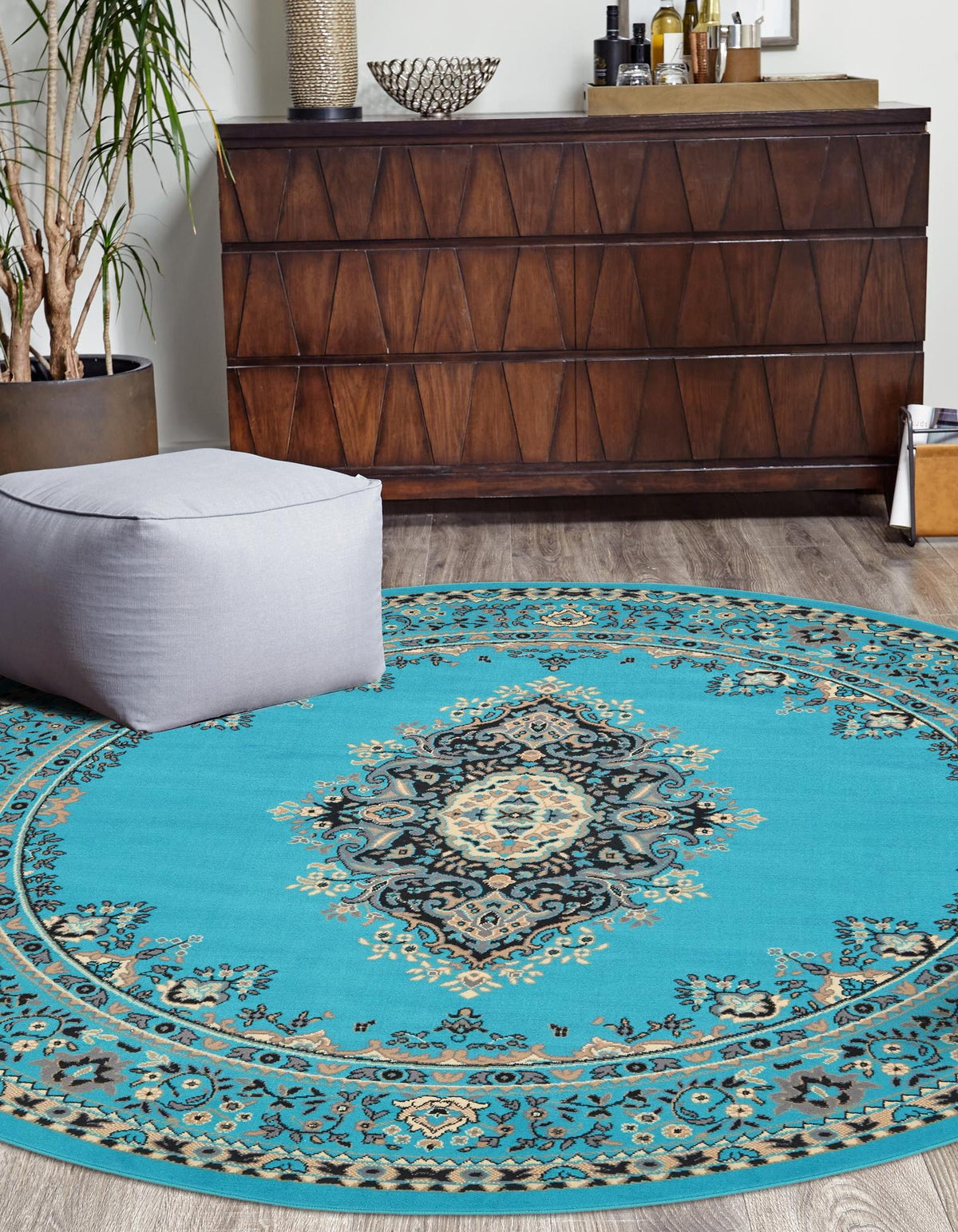 Rund Teppich Mashhad Design in Türkis von Hadorn™ - Lifestyle Image