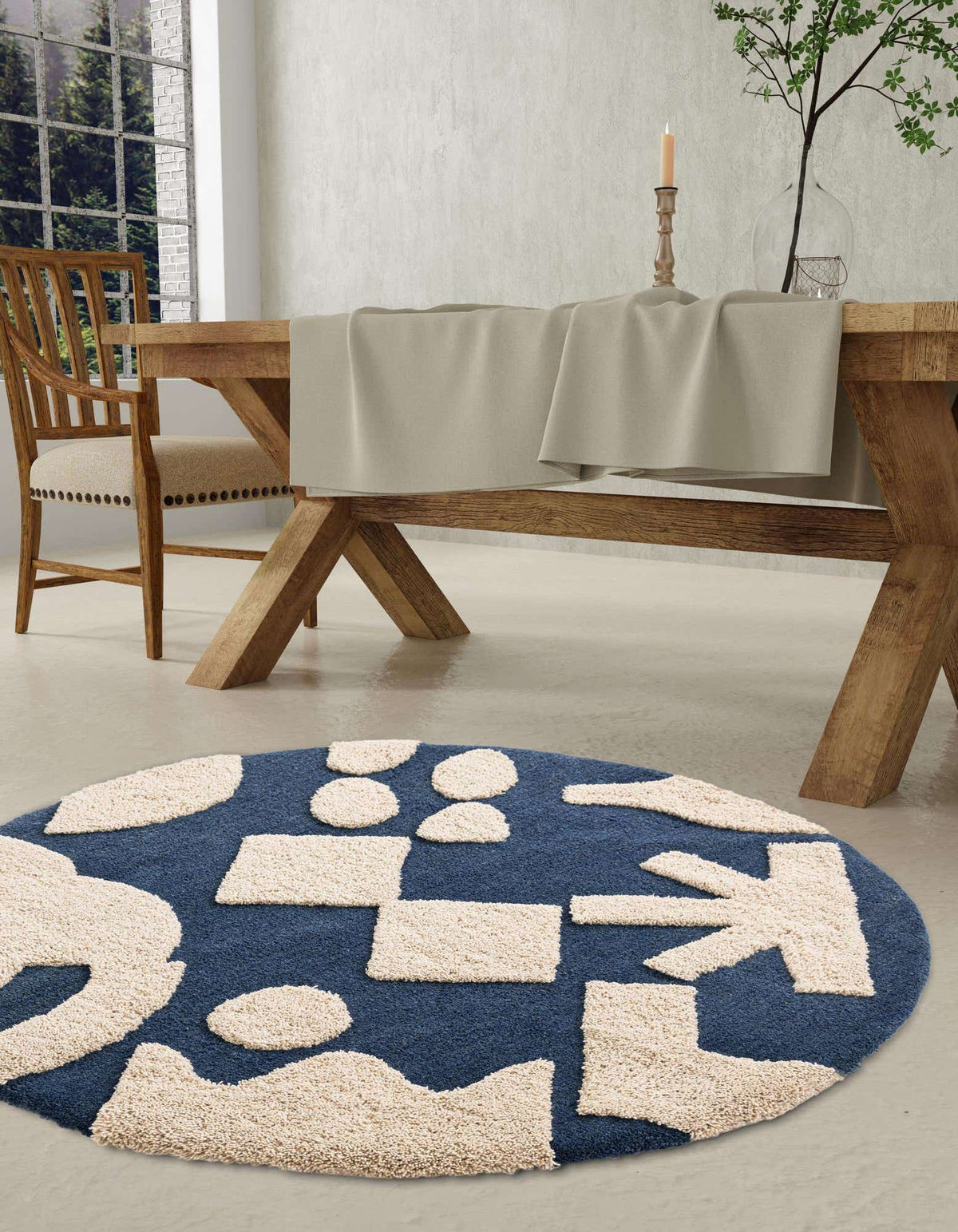 Rund Teppich AI Handgetuftet in Marineblau und Elfenbein von Hadorn™ - Lifestyle Image