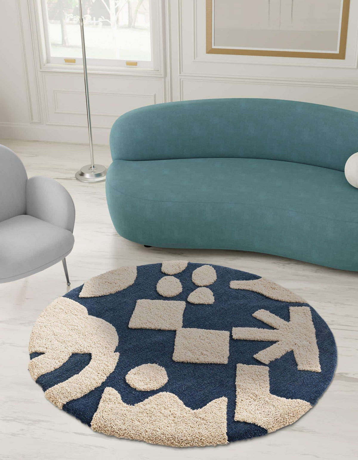 Rund Teppich AI Handgetuftet in Marineblau und Elfenbein von Hadorn™ - Lifestyle Image