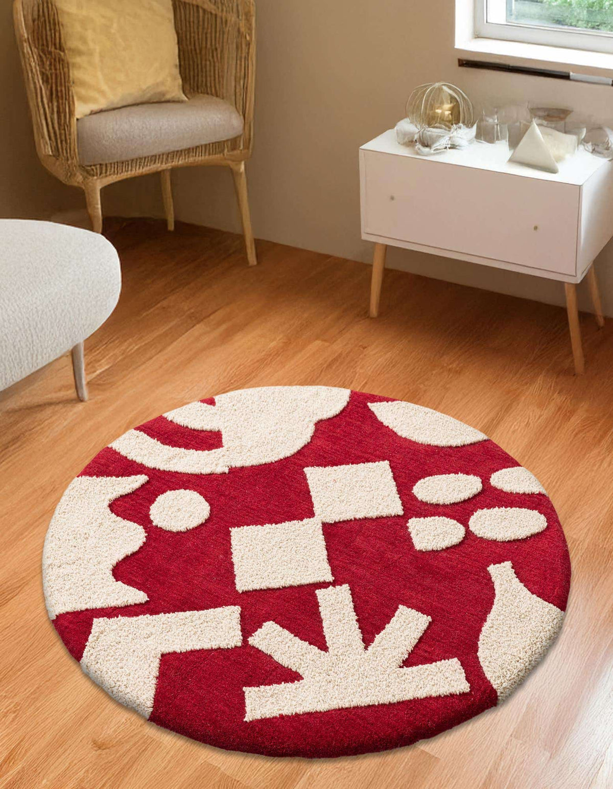 Rund Teppich AI Handgetuftet in Rot und Elfenbein von Hadorn™ - Lifestyle Image