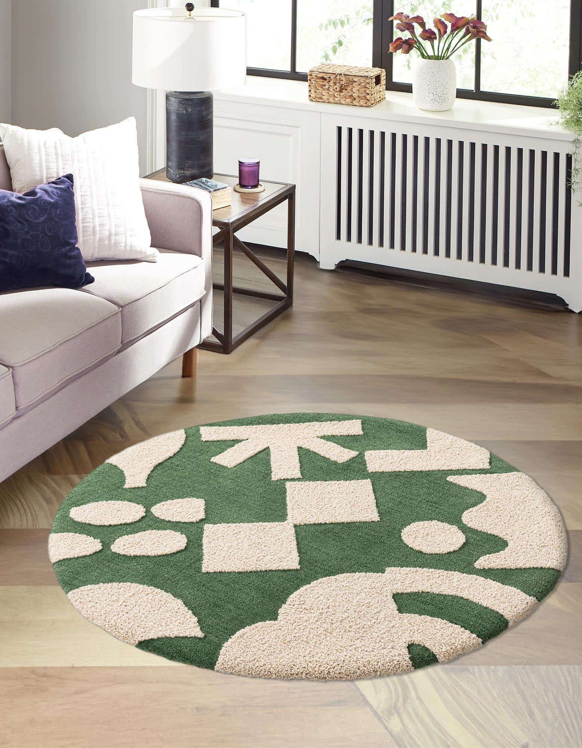 Rund Teppich AI Handgetuftet in Grün und Elfenbein von Hadorn™ - Lifestyle Image