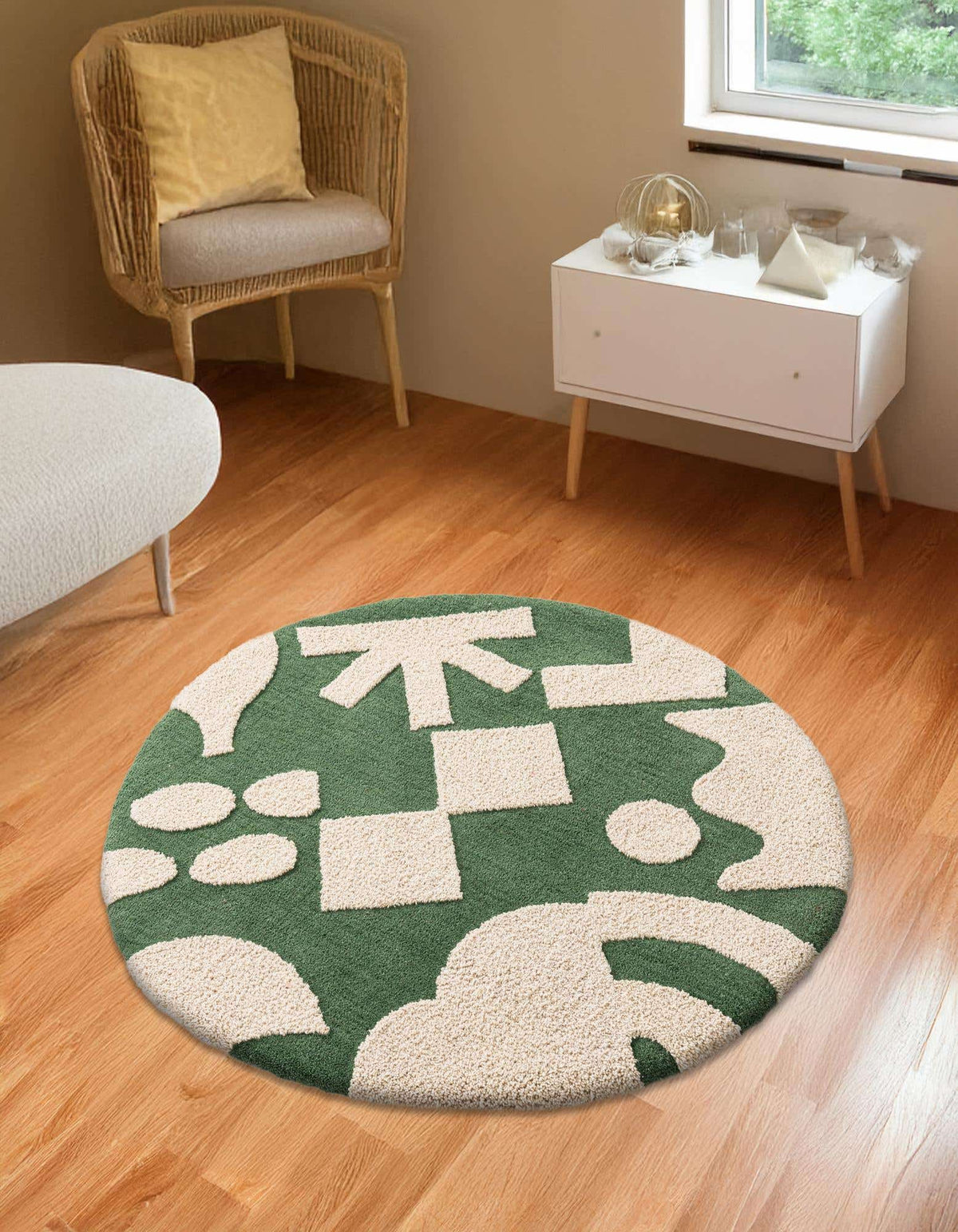 Rund Teppich AI Handgetuftet in Grün und Elfenbein von Hadorn™ - Lifestyle Image